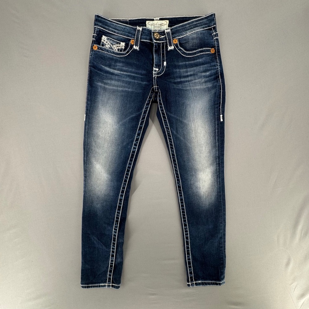Big Star Jenae Skinny Jeans Dark Wash White Contrast Stitch Embroidered Size 26